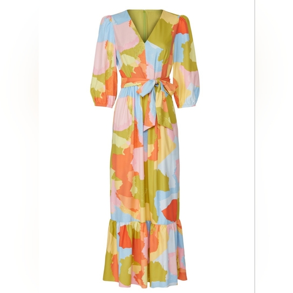 Donna Morgan Blue Citrone Multi Color 3/4 Puff Sleeve Ruffle Hem Maxi Dress - Picture 5 of 6